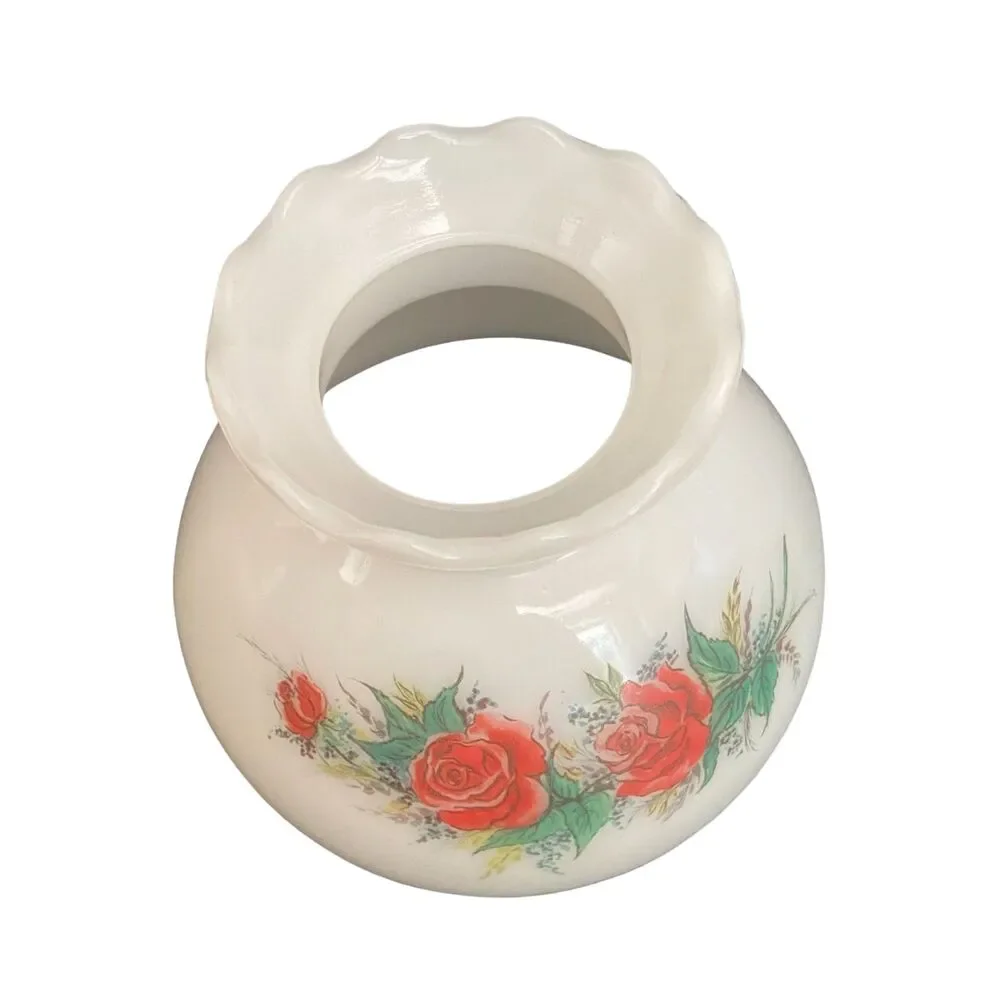 VTG White Milk Glass Hurricane Lamp Shade Ruffle Top Rose Floral Design